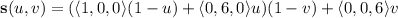\mathbf s(u,v)=(\langle1,0,0\rangle(1-u)+\langle0,6,0\rangle u)(1-v)+\langle0,0,6\rangle v