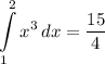 \displaystyle \int\limits^2_1 {x^3} \, dx = \frac{15}{4}