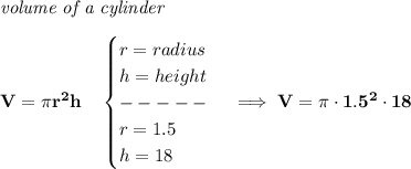 \bf \textit{volume of a cylinder}\\\\&#10;V=\pi r^2 h\quad &#10;\begin{cases}&#10;r=radius\\&#10;h=height\\&#10;-----\\&#10;r=1.5\\&#10;h=18&#10;\end{cases}\implies V=\pi \cdot 1.5^2\cdot 18
