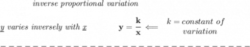 \bf \qquad \qquad \textit{inverse proportional variation}\\\\&#10;\textit{\underline{y} varies inversely with \underline{x}}\qquad \qquad  y=\cfrac{k}{x}\impliedby &#10;\begin{array}{llll}&#10;k=constant\ of\\&#10;\qquad  variation&#10;\end{array}\\\\&#10;-------------------------------\\\\