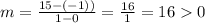 m=\frac{15-(-1))}{1-0}=\frac{16}{1}=160
