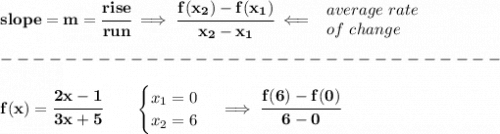 \bf slope = m = \cfrac{rise}{run} \implies &#10;\cfrac{ f(x_2) - f(x_1)}{ x_2 - x_1}\impliedby &#10;\begin{array}{llll}&#10;average~rate\\&#10;of~change&#10;\end{array}\\\\&#10;-------------------------------\\\\&#10;f(x)=\cfrac{2x-1}{3x+5}   \qquad &#10;\begin{cases}&#10;x_1=0\\&#10;x_2=6&#10;\end{cases}\implies \cfrac{f(6)-f(0)}{6-0}