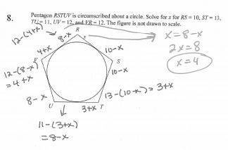 15 points pentagon rstuv is circumscribed about a circle. solve for x for rs = 11, st = 14,  tu = 11
