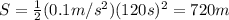 S= \frac{1}{2}(0.1 m/s^2)(120 s)^2=720 m