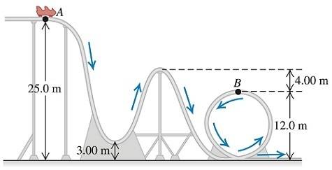 You are riding on a roller coaster that starts from rest at a height of 25.0 m and moves down a fric