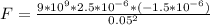 F = \frac{9*10^9* 2.5*10^{-6} * (-1.5*10^{-6})}{0.05^2}