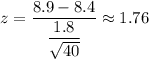 z=\dfrac{8.9-8.4}{\dfrac{1.8}{\sqrt{40}}}\approx1.76