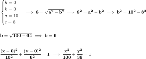 \bf \begin{cases}&#10;h=0\\&#10;k=0\\&#10;a=10\\&#10;c=8&#10;\end{cases}\implies 8=\sqrt{a^2-b^2}\implies 8^2=a^2-b^2\implies b^2=10^2-8^2&#10;\\\\\\&#10;b=\sqrt{100-64}\implies b=6&#10;\\\\\\&#10;\cfrac{(x-0)^2}{10^2}+\cfrac{(y-0)^2}{6^2}=1\implies \cfrac{x^2}{100}+\cfrac{y^2}{36}=1
