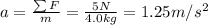 a= \frac{\sum F}{m}= \frac{5 N}{4.0 kg}=1.25 m/s^2
