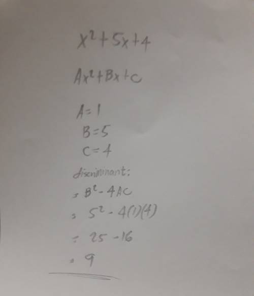 What is the value of b2 - 4ac for the following equation?  x 2 + 5x + 4 = 0