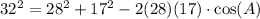 32^2=28^2+17^2-2(28)(17)\cdot \text{cos}(A)