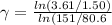 \gamma = \frac{ln(3.61/1.50)}{ln(151/80.6}