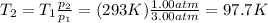 T_2 = T_1  \frac{p_2}{p_1} = (293 K)  \frac{1.00 atm}{3.00 atm} =97.7 K