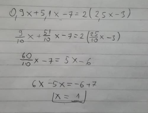 Solve 0.9 x + 5.1 x -7= 2(2.5x-3). how many solutions dose the equation have?