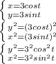 \left \{ {{x = 3 cos t} \atop {y = 3 sin t}} \right. \\\left \{ {{y^2 = (3 cos t)^2} \atop {x^2= (3 sin t)^2}} \right. \\\left \{ {{y^2 = 3^2 cos^2 t} \atop {x^2= 3^2 sin^2 t}} \right.