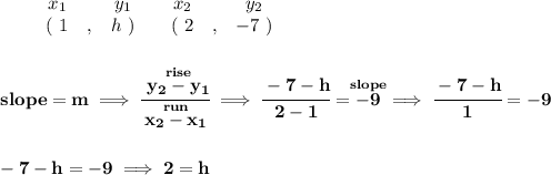 \bf \begin{array}{ccccccccc}&#10;&&x_1&&y_1&&x_2&&y_2\\&#10;%  (a,b)&#10;&&(~ 1 &,& h~) &#10;%  (c,d)&#10;&&(~ 2 &,& -7~)&#10;\end{array}&#10;\\\\\\&#10;% slope  = m&#10;slope =  m\implies &#10;\cfrac{\stackrel{rise}{ y_2- y_1}}{\stackrel{run}{ x_2- x_1}}\implies \cfrac{-7-h}{2-1}=\stackrel{slope}{-9}\implies \cfrac{-7-h}{1}=-9&#10;\\\\\\&#10;-7-h=-9\implies 2=h