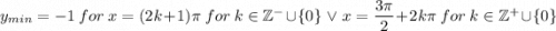 y_{min}=-1\ for\ x=(2k+1)\pi\ for\ k\in\mathbb{Z^-}\cup\{0\}\ \vee\ x=\dfrac{3\pi}{2}+2k\pi\ for\ k\in\mathbb{Z^+}\cup\{0\}