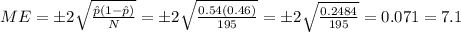 ME=\pm 2\sqrt{\frac{\hat{p}(1-\hat{p})}{N}}=\pm 2\sqrt{\frac{0.54(0.46)}{195}}&#10;=\pm 2\sqrt{\frac{0.2484}{195}}=0.071=7.1