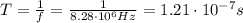 T= \frac{1}{f}= \frac{1}{8.28 \cdot 10^6 Hz}=1.21 \cdot 10^{-7} s