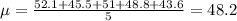 \mu =  \frac{52.1+45.5+51+48.8+43.6}{5}=48.2