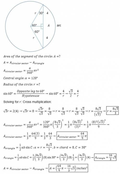 Express answer in exact form. a segment of a circle has a 120 arc and a chord of 8in. find the area