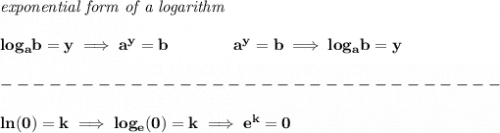 \bf \textit{exponential form of a logarithm}\\\\&#10;log_{{  a}}{{  b}}=y \implies {{  a}}^y={{  b}}\qquad\qquad &#10;%  exponential notation 2nd form&#10;{{  a}}^y={{  b}}\implies log_{{  a}}{{  b}}=y\\\\&#10;-------------------------------\\\\&#10;ln(0)=k\implies log_e(0)=k\implies e^k=0
