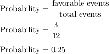 \rm Probability = \dfrac{favorable\ events}{total\ events}\\\\\rm Probability = \dfrac{3}{12}\\\\\rm Probability = 0.25