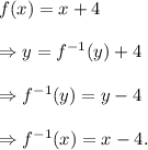 f(x)=x+4\\\\\Rightarrow y=f^{-1}(y)+4\\\\\Rightarrow f^{-1}(y)=y-4\\\\\Rightarrow f^{-1}(x)=x-4.