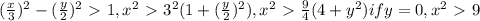 ( \frac{x}{3})^{2} - ( \frac{y}{2}) ^{2} \ \textgreater \ 1,&#10; x^{2} \ \textgreater \ 3^2(1+ ( \frac{y}{2} )^{2} ),&#10;x^2\ \textgreater \  \frac{9}{4} (4+y^2)&#10;if y=0,x^2\ \textgreater \ 9&#10;
