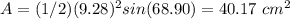 A=(1/2)(9.28)^{2}sin(68.90)=40.17\ cm^{2}