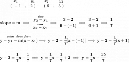 \bf \begin{array}{ccccccccc} &&x_1&&y_1&&x_2&&y_2\\ &&(~ -1 &,& 2~) &&(~ 6 &,& 3~) \end{array} \\\\\\ slope = m\implies \cfrac{\stackrel{rise}{ y_2- y_1}}{\stackrel{run}{ x_2- x_1}}\implies \cfrac{3-2}{6-(-1)}\implies \cfrac{3-2}{6+1}\implies \cfrac{1}{7} \\\\\\ \stackrel{\textit{point-slope form}}{y- y_1= m(x- x_1)}\implies y-2=\cfrac{1}{7}[x-(-1)]\implies y-2=\cfrac{1}{7}(x+1) \\\\\\ y-2=\cfrac{1}{7}x+\cfrac{1}{7}\implies y=\cfrac{1}{7}x+\cfrac{1}{7}+2\implies y=\cfrac{1}{7}x+\cfrac{15}{7}