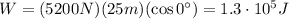 W=(5200 N)(25 m)(\cos 0^{\circ})=1.3 \cdot 10^5 J