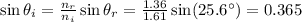 \sin \theta_i =  \frac{n_r}{n_i}  \sin \theta_r =  \frac{1.36}{1.61} \sin (25.6^{\circ}) = 0.365