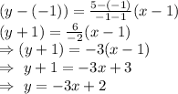 (y-(-1))=\frac{5-(-1)}{-1-1}(x-1)\\\Righatrrow(y+1)=\frac{6}{-2}(x-1)\\\Rightarrow(y+1)=-3(x-1)\\\Rightarrow\ y+1=-3x+3\\\Rightarrow\ y=-3x+2