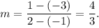 m=\dfrac{1-(-3)}{2-(-1)}=\dfrac{4}{3}.
