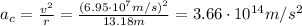 a_c =  \frac{v^2}{r}= \frac{(6.95 \cdot 10^7 m/s)^2}{13.18 m}=3.66 \cdot 10^{14} m/s^2