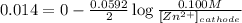 0.014=0-\frac{0.0592}{2}\log \frac{0.100M}{[Zn^{2+}]_{cathode}}