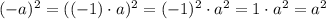 (-a)^2=((-1)\cdot a)^2=(-1)^2\cdot a^2=1\cdot a^2=a^2