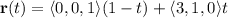 \mathbf r(t)=\langle0,0,1\rangle(1-t)+\langle3,1,0\rangle t