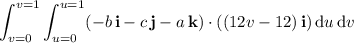 \displaystyle\int_{v=0}^{v=1}\int_{u=0}^{u=1}(-b\,\mathbf i-c\,\mathbf j-a\,\mathbf k)\cdot((12v-12)\,\mathbf i)\,\mathrm du\,\mathrm dv