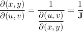 \dfrac{\partial(x,y)}{\partial(u,v)}=\dfrac1{\dfrac{\partial(u,v)}{\partial(x,y)}}=\dfrac1{\mathbf J}