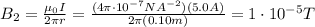 B_2= \frac{\mu_0 I}{2 \pi r}= \frac{(4 \pi \cdot 10^{-7} NA^{-2} )(5.0 A)}{2 \pi (0.10 m)}= 1 \cdot 10^{-5}T