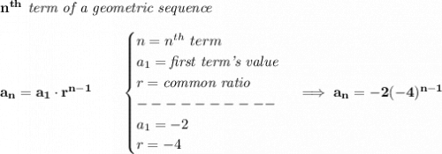 \bf n^{th}\textit{ term of a geometric sequence}&#10;\\\\&#10;a_n=a_1\cdot r^{n-1}\qquad &#10;\begin{cases}&#10;n=n^{th}\ term\\&#10;a_1=\textit{first term's value}\\&#10;r=\textit{common ratio}\\&#10;----------\\&#10;a_1=-2\\&#10;r=-4&#10;\end{cases}&#10;\implies &#10;a_n=-2(-4)^{n-1}