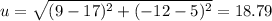 u= \sqrt{ (9-17)^{2} + (-12-5)^{2} }=18.79