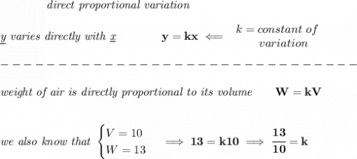 \bf \qquad \qquad \textit{direct proportional variation}\\\\&#10;\textit{\underline{y} varies directly with \underline{x}}\qquad \qquad  y=kx\impliedby &#10;\begin{array}{llll}&#10;k=constant\ of\\&#10;\qquad  variation&#10;\end{array}\\\\&#10;-------------------------------\\\\&#10;\textit{weight of air is directly proportional to its volume}\qquad W=kV&#10;\\\\\\&#10;\textit{we also know that }&#10;\begin{cases}&#10;V=10\\&#10;W=13&#10;\end{cases}\implies 13=k10\implies \cfrac{13}{10}=k