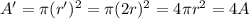 A'= \pi (r')^2 = \pi (2r)^2 = 4 \pi r^2 = 4A