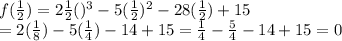 f(\frac{1}{2})=2\frac{1}{2}()^3-5(\frac{1}{2})^2-28(\frac{1}{2})+15\\=2(\frac{1}{8})-5(\frac{1}{4})-14+15=\frac{1}{4}-\frac{5}{4}-14+15=0