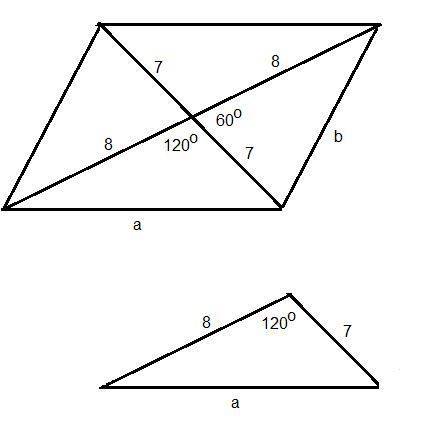 The diagonals of a parallelogram are 16 meters and 14 meters and intersect at an angle of 60°. find