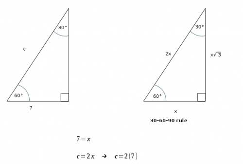 In a 30-60-90 triangle, what is the length of the hypotenuse when the shorter leg is 7in.?