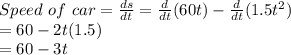 Speed\ of\ car=\frac{ds}{dt} = \frac{d}{dt} (60t) -\frac{d}{dt} (1.5t^2)\\=60-2t(1.5)\\=60-3t